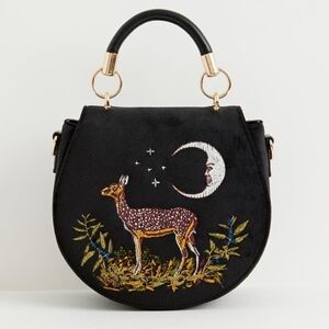 Fable England Deer & Moon Velvet Embroidered Saddle Hand Bag Embroidery Vegan